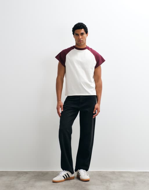 ASOS DESIGN boxy oversized raglan t-shirt in burgundy and cream, 3 of 5