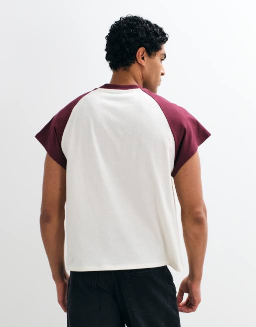 ASOS DESIGN boxy oversized raglan t-shirt in burgundy and cream, 5 of 5