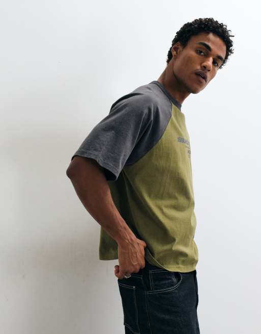 ASOS DESIGN boxy oversized raglan t-shirt with text in washed green, 5 of 5