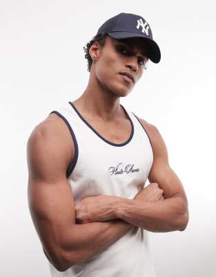 Asos Design Boxy Oversized Regular Ringer Tank With Chest Embroidery In White