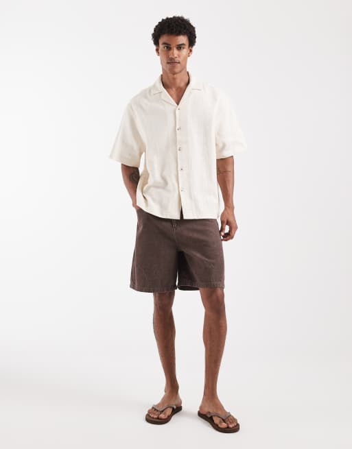 ASOS DESIGN boxy oversized revere basket textured shirt in ecru, 2 of 5