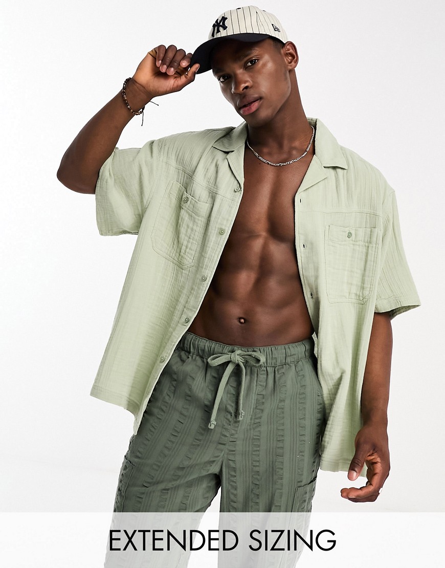 ASOS DESIGN boxy oversized revere beach shirt in crinkle cotton in sage green
