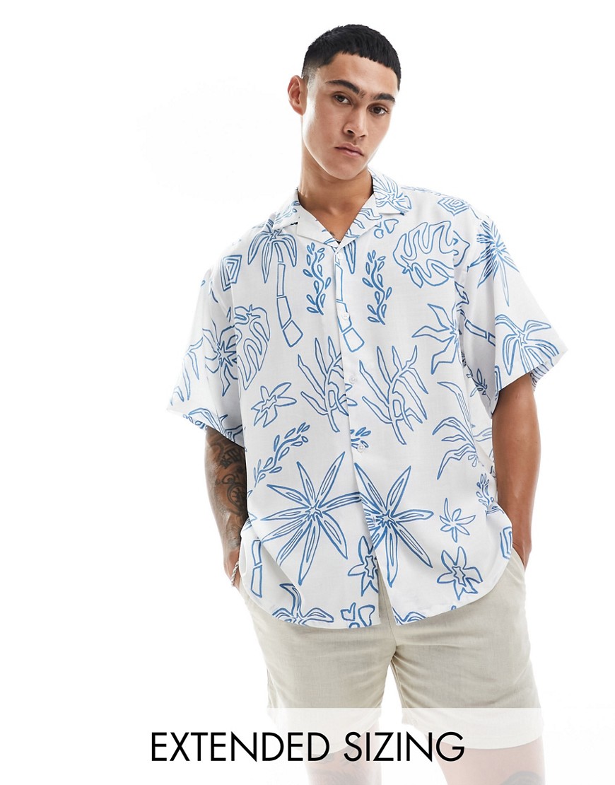 ASOS DESIGN boxy oversized revere beachy shirt in line drawn print-Blue
