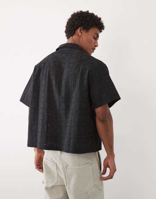ASOS DESIGN boxy oversized revere broderie shirt in black, 5 of 5