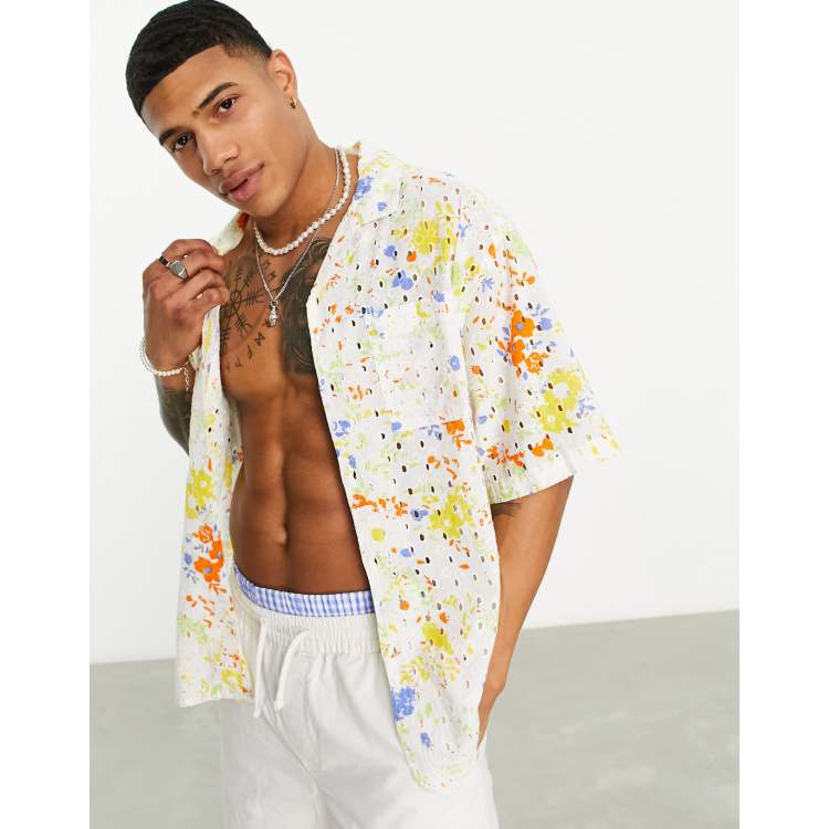 ASOS DESIGN boxy oversized revere broderie shirt with paint splat