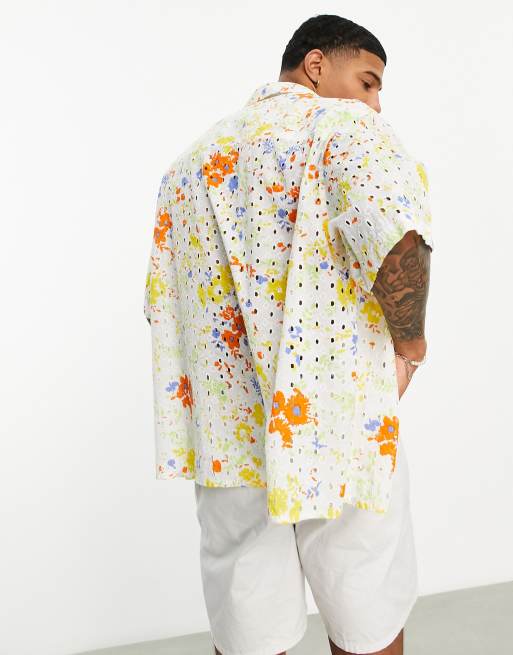 ASOS DESIGN boxy oversized revere broderie shirt with paint splat