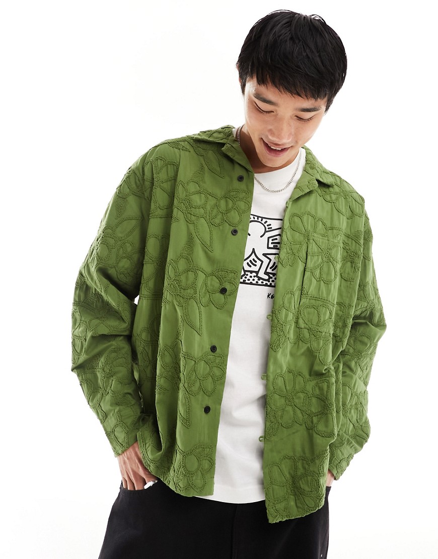 ASOS DESIGN boxy oversized revere collar all over embroidered shirt in khaki green