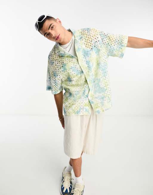 ASOS DESIGN boxy oversized revere collar shirt in green and blue tie dye broderie