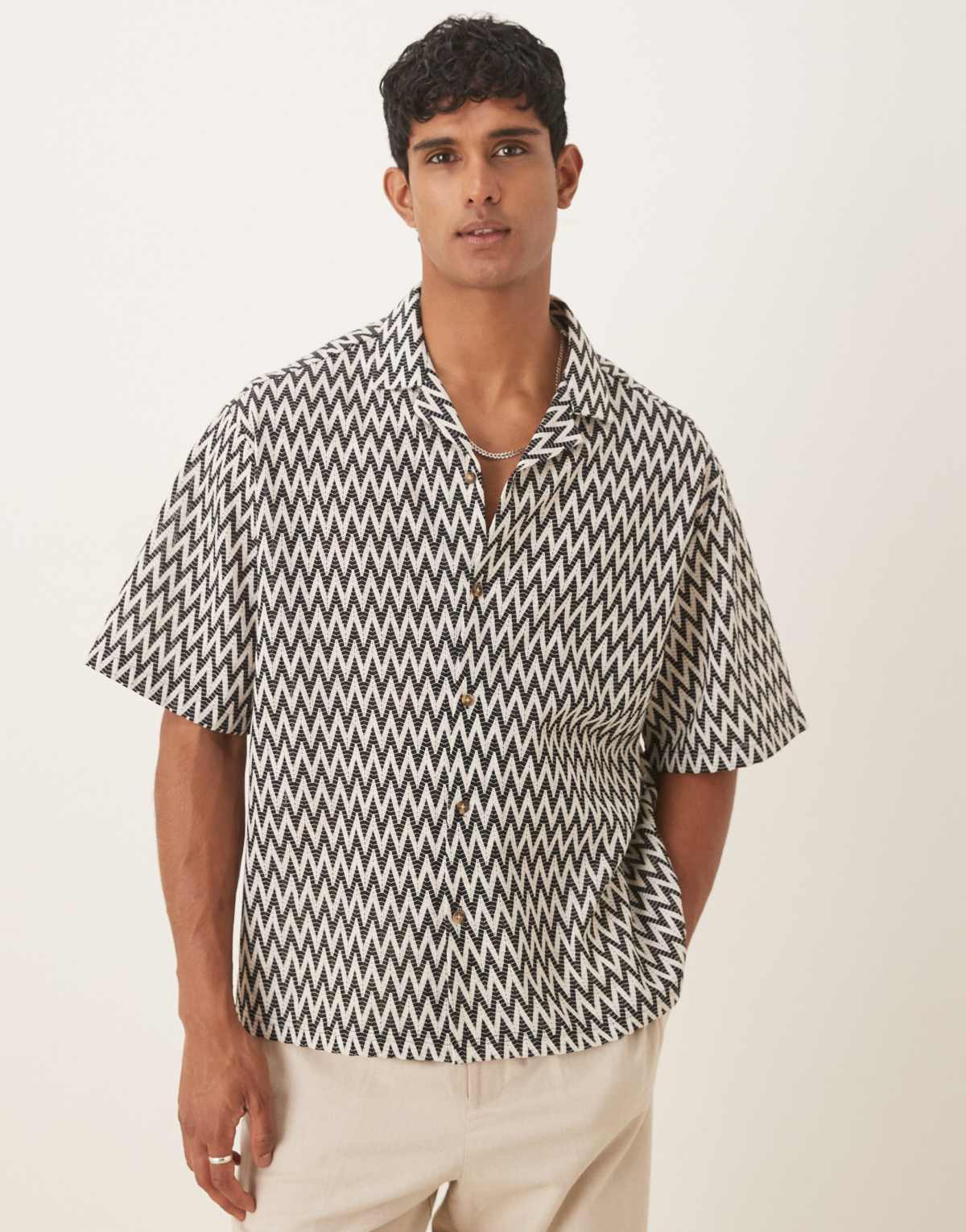 ASOS DESIGN boxy oversized revere crochet shirt in brown