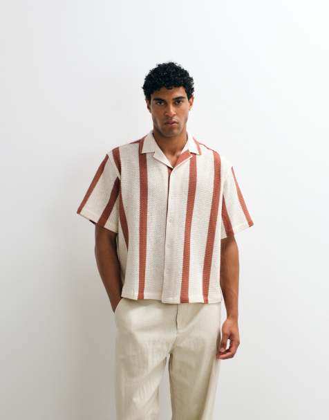ASOS DESIGN boxy oversized revere crochet stripe shirt in beige