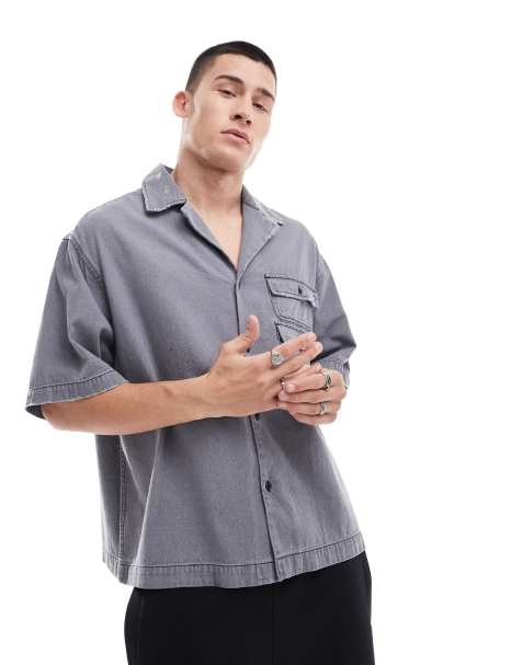 ASOS DESIGN boxy oversized revere cropped denim shirt in grey - view 1