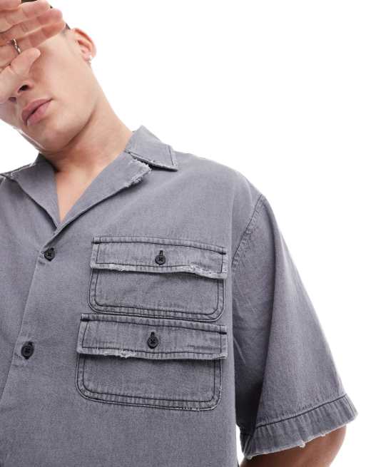 ASOS DESIGN boxy oversized revere cropped denim shirt in grey