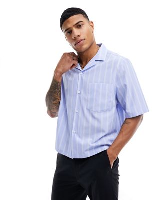 ASOS DESIGN boxy oversized revere cropped shirt in blue work stripe | ASOS