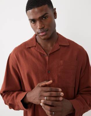 ASOS DESIGN boxy oversized revere linen blend shirt in brown part of a set brown 10590₽