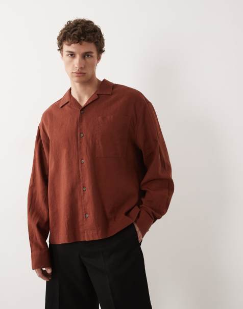ASOS DESIGN boxy oversized revere linen blend shirt in brown, part of a set - view 1
