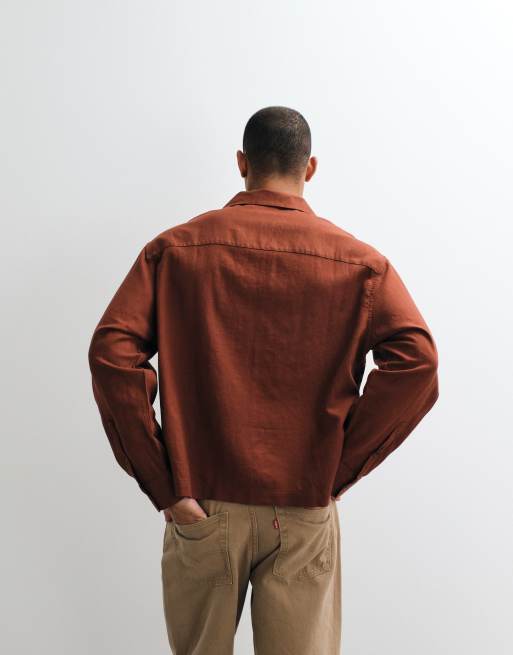 ASOS DESIGN boxy oversized revere linen blend shirt in brown, part of a set, 3 of 5