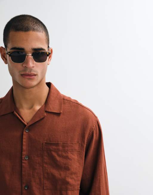 ASOS DESIGN boxy oversized revere linen blend shirt in brown, part of a set, 5 of 5
