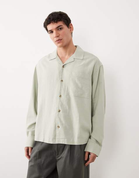 ASOS DESIGN boxy oversized revere linen blend shirt in sage green - view 1