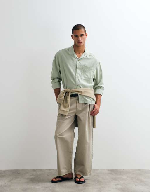 ASOS DESIGN boxy oversized revere linen blend shirt in sage green, 3 of 5