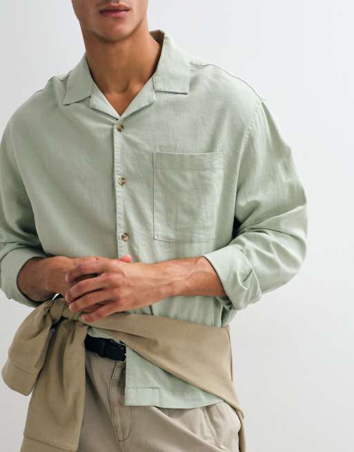 ASOS DESIGN boxy oversized revere linen blend shirt in sage green, 4 of 5