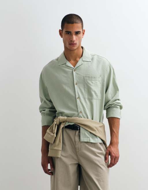 ASOS DESIGN boxy oversized revere linen blend shirt in sage green, 5 of 5
