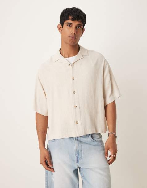 ASOS DESIGN boxy oversized revere linen blend shirt in stone - view 1