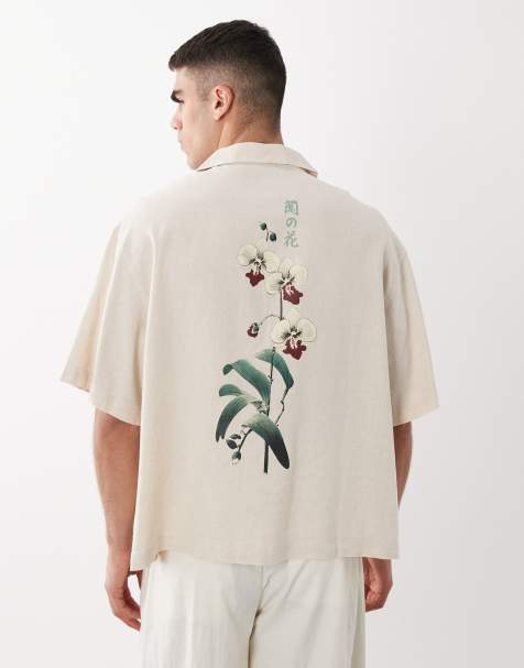 ASOS DESIGN boxy oversized revere linen blend shirt with floral placement print in beige - view 1