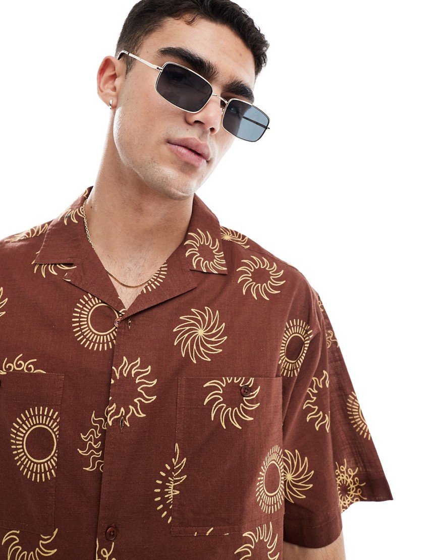 ASOS DESIGN boxy oversized revere linen look shirt with tobacco sun print-Brown