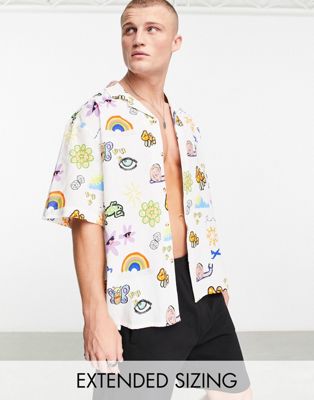 Asos Design Boxy Oversized Revere Linen Mix Shirt In Doodle Print-multi