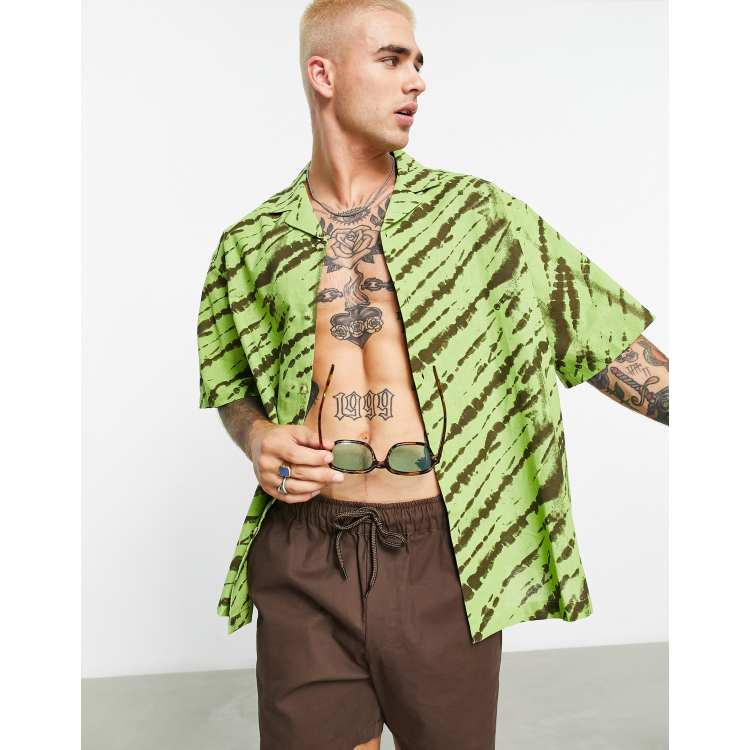 ASOS DESIGN boxy oversized revere linen mix shirt in green tie dye