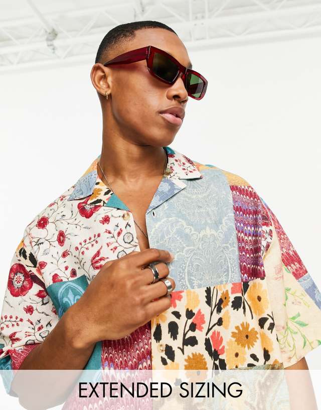 ASOS DESIGN boxy oversized revere linen mix shirt in patchwork floral print