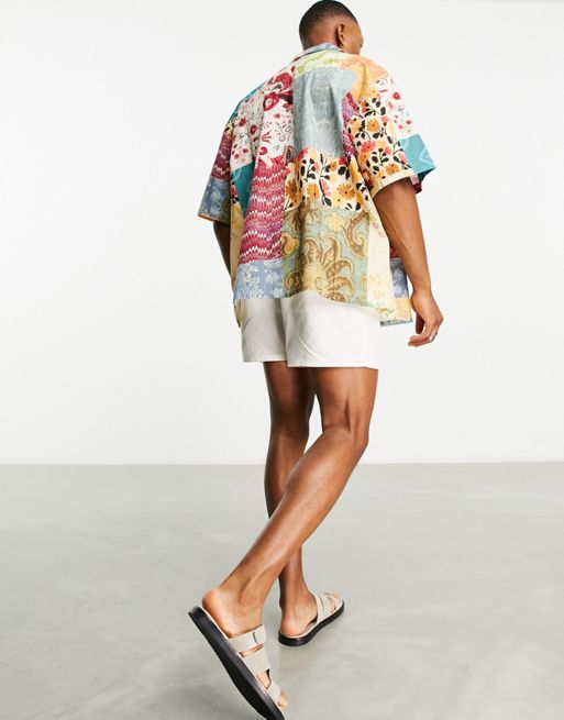 ASOS DESIGN boxy oversized revere linen mix shirt in patchwork floral print