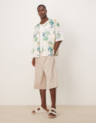 Asos Design Boxy Oversized Revere Printed Shirt In White