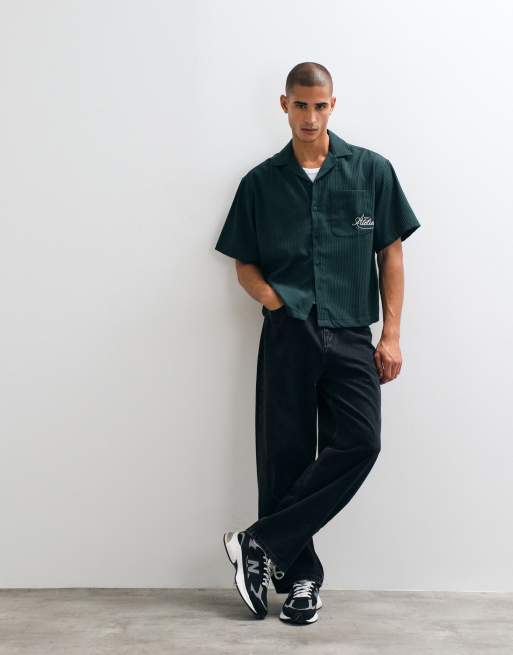ASOS DESIGN boxy oversized revere ribbed shirt with pocket embroidery in green, 3 of 5