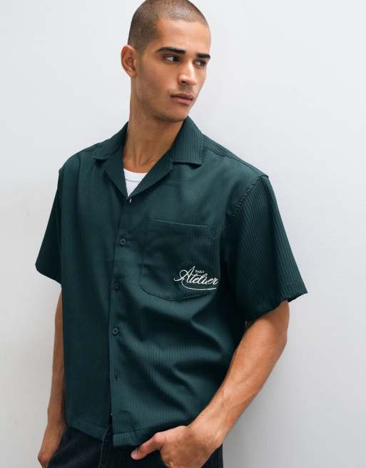 ASOS DESIGN boxy oversized revere ribbed shirt with pocket embroidery in green, 4 of 5