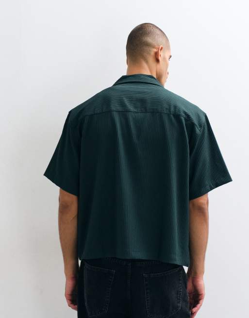 ASOS DESIGN boxy oversized revere ribbed shirt with pocket embroidery in green, 5 of 5