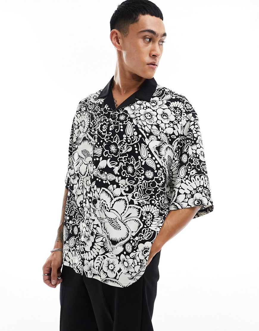 ASOS DESIGN boxy oversized revere shirt in black and white floral print