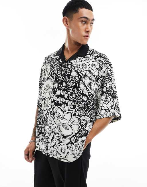 ASOS DESIGN boxy oversized revere shirt in black and white floral print ...