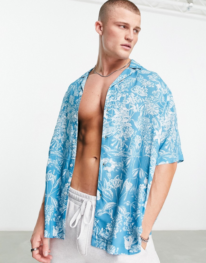 ASOS DESIGN boxy oversized revere shirt in blue floral print
