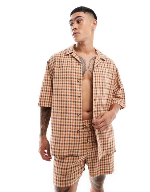 ASOS DESIGN boxy oversized revere shirt in brown check (part of a set)