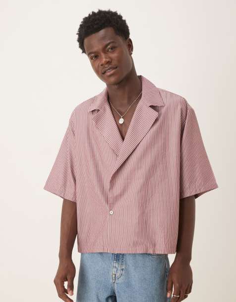ASOS DESIGN boxy oversized revere shirt in burgundy stripe - view 1