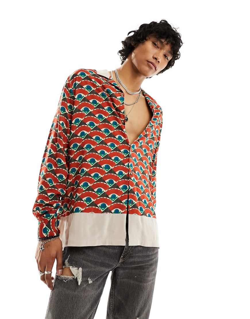 ASOS DESIGN boxy oversized revere shirt in geo print with cut and sew border-Red