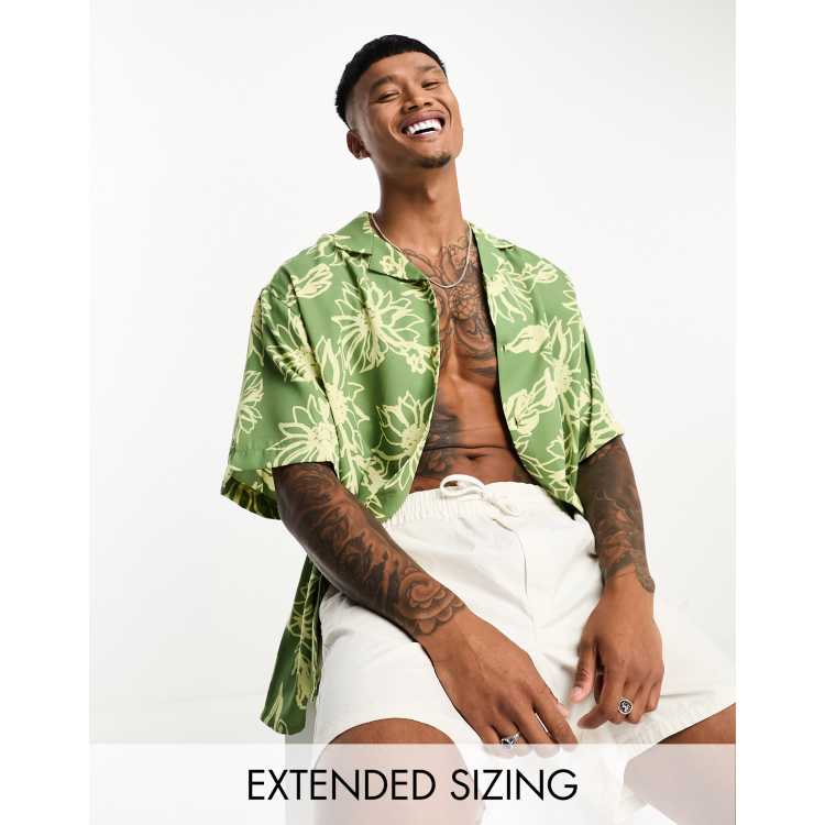 ASOS DESIGN boxy oversized revere shirt in green scribble sunflower print