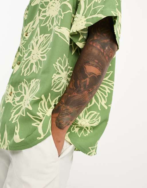 ASOS DESIGN boxy oversized revere shirt in green scribble sunflower print