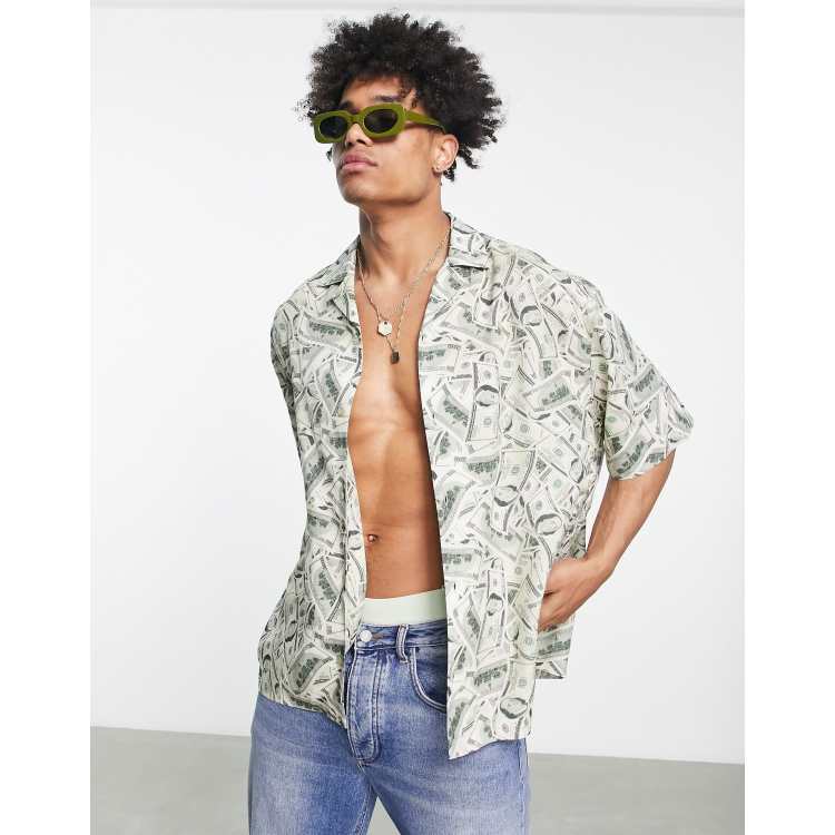 ASOS DESIGN boxy oversized revere shirt in money print | ASOS