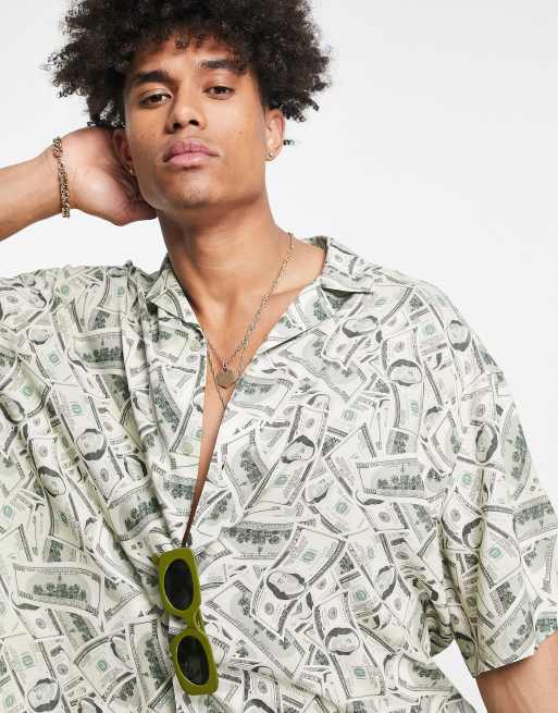 ASOS Design Boxy Oversized Revere Shirt with Griffin Placement print-Green