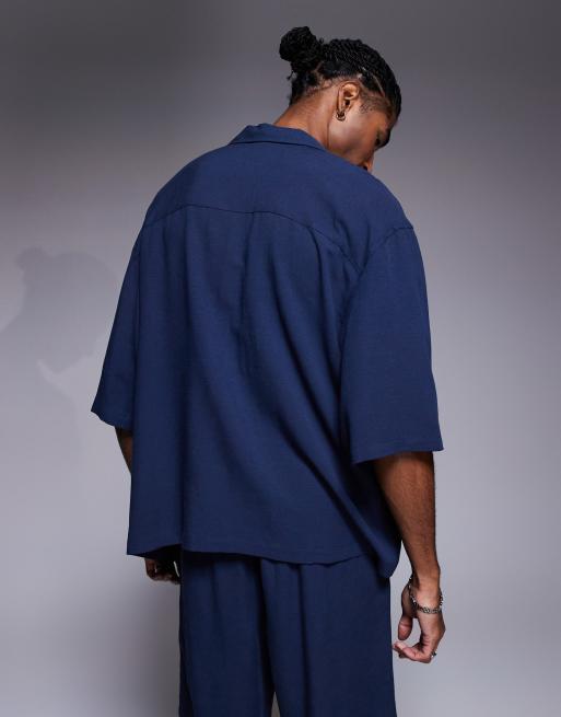 ASOS DESIGN boxy oversized revere shirt in navy (Part of a set), 4 of 4