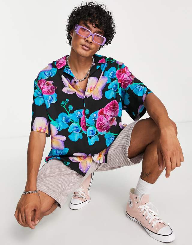 ASOS DESIGN boxy oversized revere shirt in photographic floral print