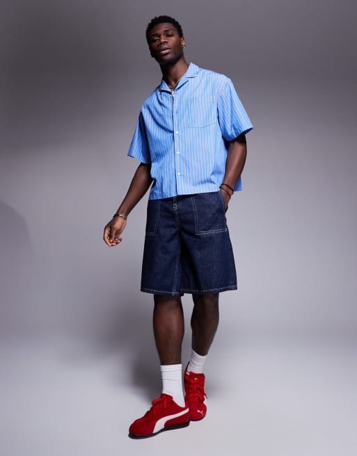 ASOS DESIGN boxy oversized revere shirt in red and blue stripe, 2 of 4