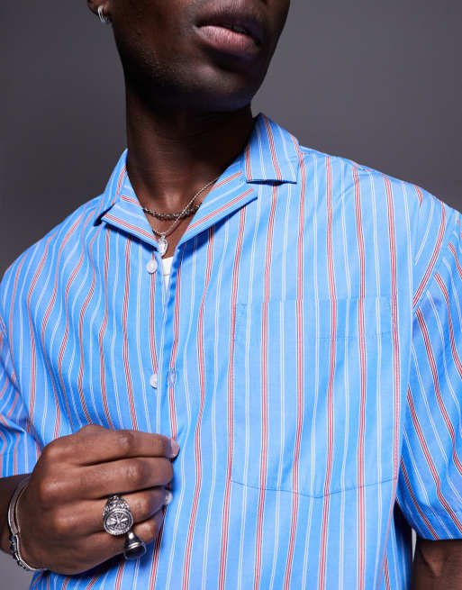 ASOS DESIGN boxy oversized revere shirt in red and blue stripe, 3 of 4
